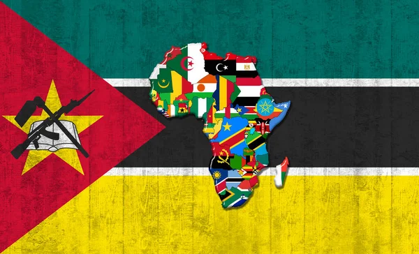 Mosambická Vlajka Mapou Vlajkami Afrického Světa Namalovanými Starém Pozadí Zdi — Stock fotografie