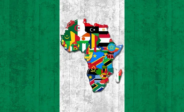 Нігерійський Прапор Картою Прапорами Африканського Світу Намальований Старому Фоновому Плані — стокове фото