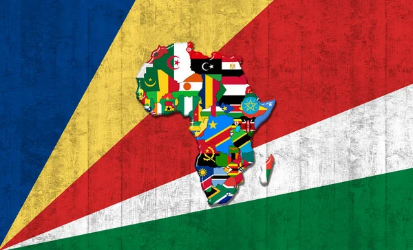 Bendera Seychelles Dengan Peta Dan Bendera Dunia Afrika Dicat Pada — Stok Foto