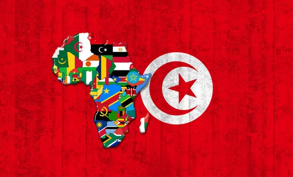 Σημαία Τυνησίας Χάρτη Και Σημαίες Του Αφρικανικού Κόσμου Ζωγραφισμένα Παλιό — Φωτογραφία Αρχείου