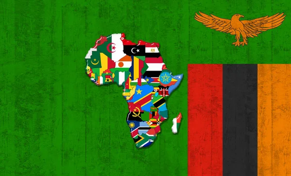 Zambia Vlag Met Kaart Vlaggen Van Afrikaanse Wereld Geschilderd Een — Stockfoto