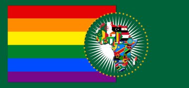 Gay Pride flag with map and flags of the African World - 3D illustration