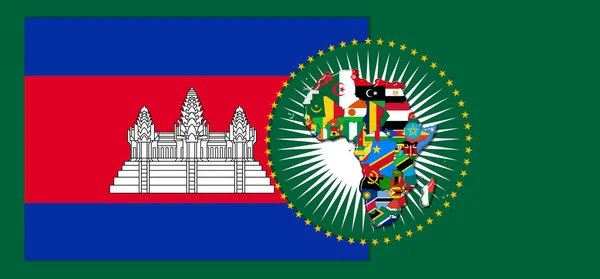Cambodia flag with map and flags of the African World - 3D illustration