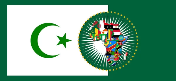 Islamic religion symbol with map and flags of the African World - 3D illustration