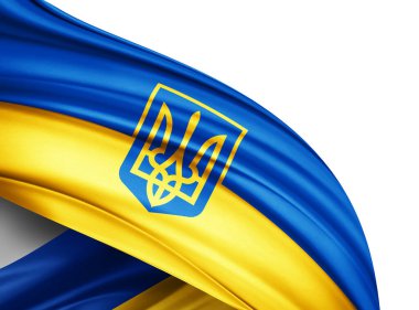 Flag of Ukraine with coat of arms and white background -3D illustration