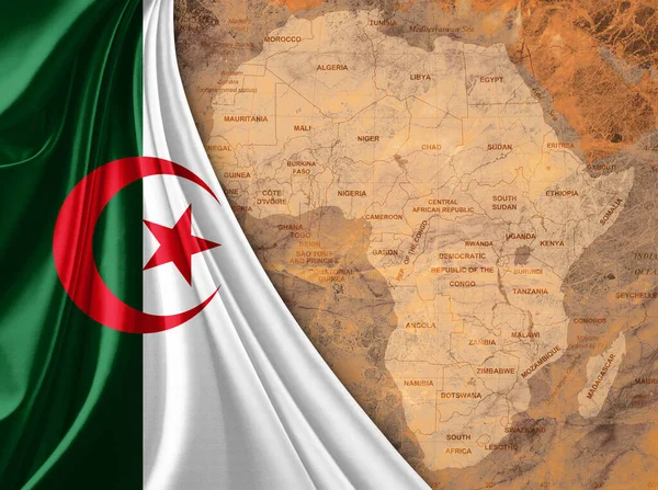 Algeria flag with map of the African World and old background