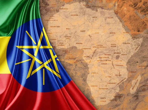 Ethiopia flag with map of the African World and old background