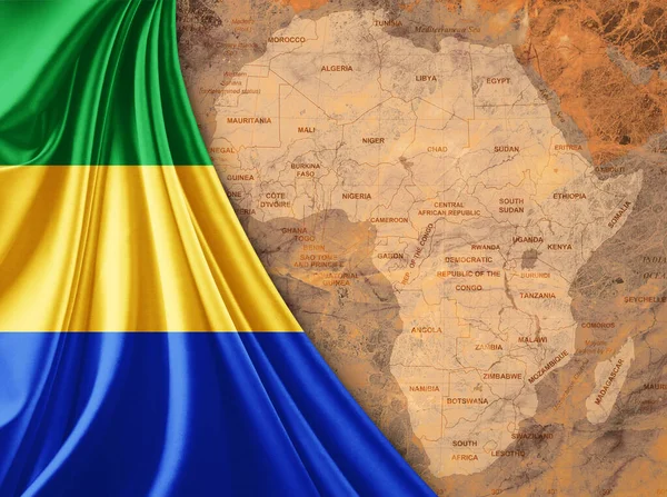 Gabunische Flagge Mit Karte Der Afrikanischen Welt Und Altem Hintergrund — Stockfoto