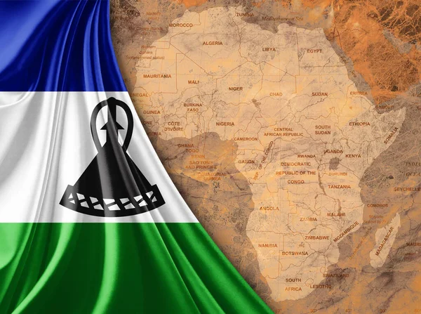 Lesotho flag with map of the African World and old background