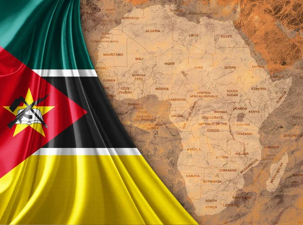 Mozambique flag with map of the African World and old background
