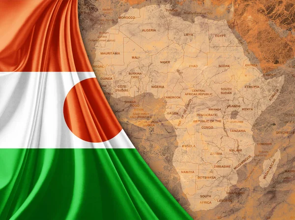 Niger Zászló Térképpel Afrikai Világ Régi Háttér — Stock Fotó