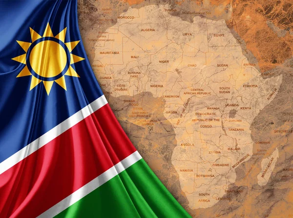 Namibia flag with map of the African World and old background