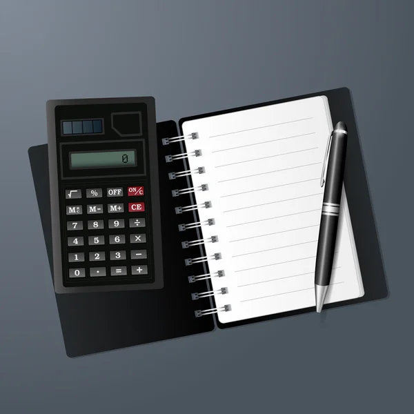 Otwórz Notatnik, kalkulator i długopis — Wektor stockowy