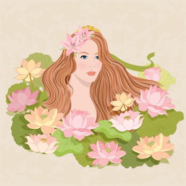 bir kız ve çiçekler vektör çizimi