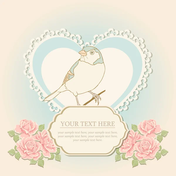 Cartão de saudação com forma de coração e pássaro — Vetor de Stock