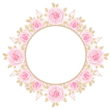 Çiçek pembe gül, yeşil yapraklar. Çiçek posteri, davet. Vektör çiçek yuvarlak çerçevesi