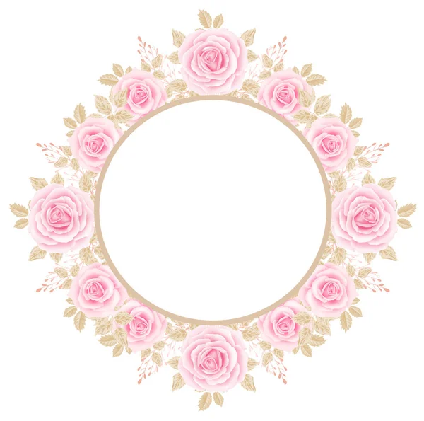 Çiçek pembe gül, yeşil yapraklar. Çiçek posteri, davet. Vektör çiçek yuvarlak çerçevesi