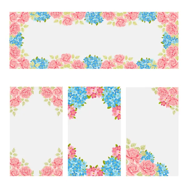 Banner floreali set con rose rosa fiori blu. Illustrazione vettoriale. — Vettoriale Stock