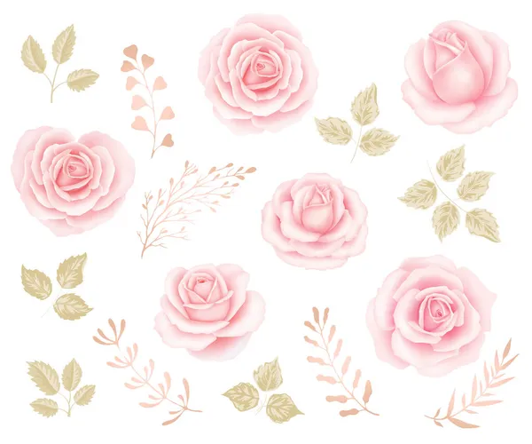 花ピンク色のバラ、緑の葉。花のクリップベクトル花の要素 — ストックベクタ