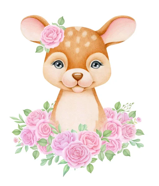 Baby Deer and roses. Hand drawn cute fawn. Watercolor — Stock Photo, Image