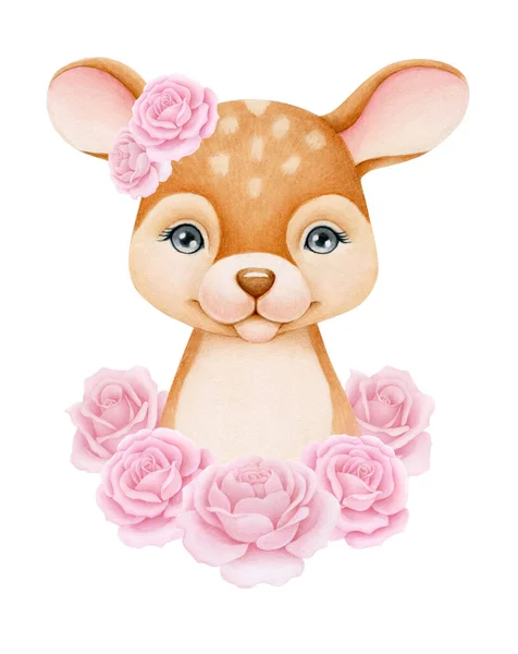 Baby Deer and roses. Hand drawn cute fawn. Watercolor — Stockfoto