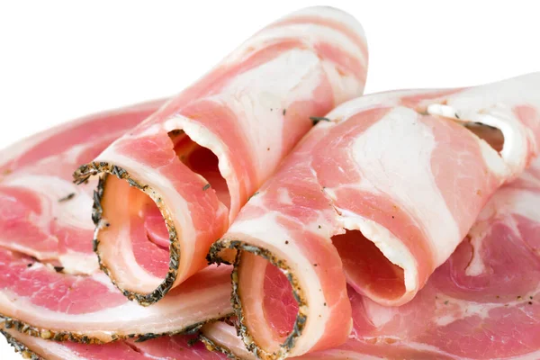 Tasty Sliced Pork Bacon Meat Lard Jamon Prosciutto Isolated White — Stock Photo, Image