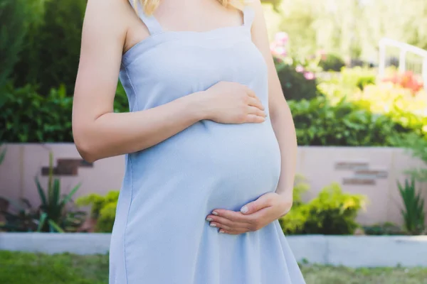 Ciężarna Kobieta Niebieskiej Sukience Tle Natury Ciąża Rodzicielstwo Macierzyństwo Koncepcja — Zdjęcie stockowe