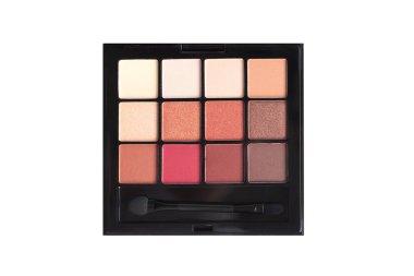 Kahverengi tonlarda bir palet, mat ve ışıltılı göz farları beyaz arka planda izole edilmiş, üst manzara. Sonbahar göz farı paleti