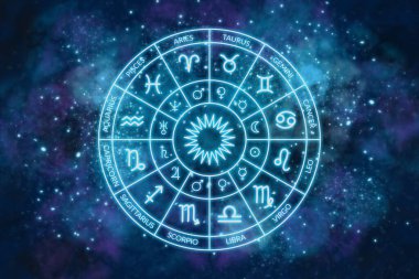 Kozmosun arka planında Zodiac çemberi. Astroloji. Yıldızların ve gezegenlerin bilimi. Esrarengiz bilgi. Yönetici gezegenler. Zodyak 'ın 12 işareti.