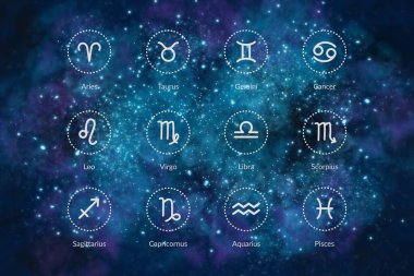 Kozmosun arka planında zodyaktan 12 işaret var. Astrolojinin antik gizli bilimi. Gizemli bilgi.
