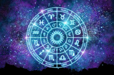 Karanlık kozmosun arka planında Zodiac çemberi. Astroloji. Yıldızların ve gezegenlerin bilimi. Esrarengiz bilgi. Yönetici gezegenler. Zodyak 'ın 12 işareti.