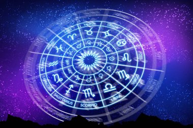 Karanlık uzayın arka planında Zodiac çemberi. Astroloji. Yıldızların ve gezegenlerin bilimi. Esrarengiz bilgi. Yönetici gezegenler. Zodyak 'ın 12 işareti.