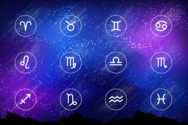 Uzayın arka planında zodyaktan 12 işaret var. Astrolojinin antik gizli bilimi. Gizemli bilgi.