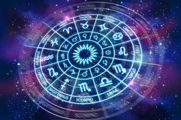 Karanlık Kozmosun Arka Planında Gezegenlerin Işaretleri Olan Zodiac Çemberi Astroloji — Stok fotoğraf