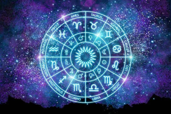 Zodiac Cirkel Bakgrunden Det Mörka Kosmos Astrologi Vetenskapen Stjärnor Och — Stockfoto