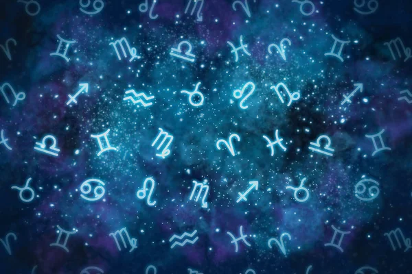Doze Signos Zodíaco São Colocados Aleatoriamente Contra Fundo Cosmos Universo — Fotografia de Stock