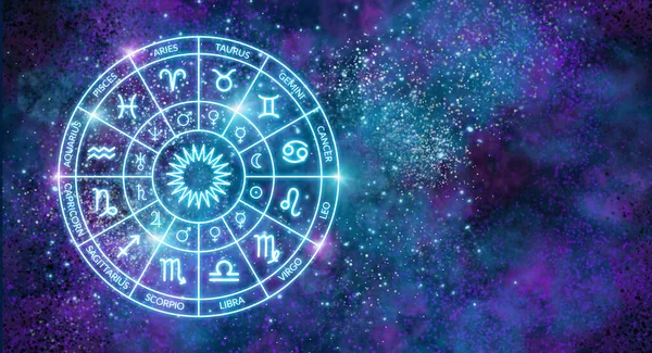 Karanlık Kozmosun Arka Planında Zodiac Çember Pankartı Astroloji Yıldızların Gezegenlerin — Stok fotoğraf