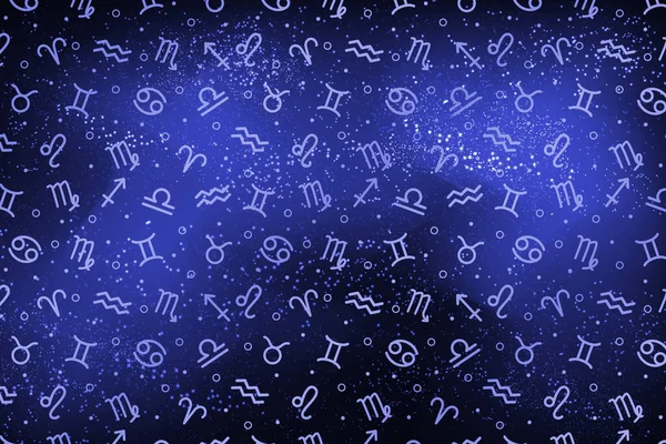 Doze Signos Zodíaco São Colocados Aleatoriamente Contra Fundo Espaço Universo — Fotografia de Stock