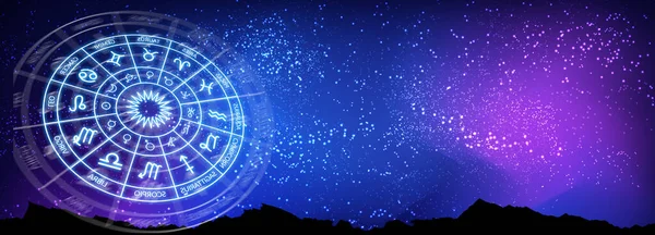 Bir uzayın arka planında Zodiac çemberi. Astroloji. Yıldızların ve gezegenlerin bilimi. Esrarengiz bilgi. Yönetici gezegenler. Zodyak 'ın 12 işareti. Uzayı kopyala Web pankartı