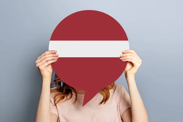 Voting Latvia Concept Student Girl Holds Blank White Speech Bubble — Stock Photo, Image