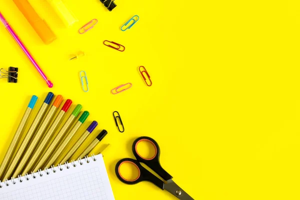 School Supplies Yellow Background Copy Space Design Pencils Scissors Notebook — Stock Photo, Image