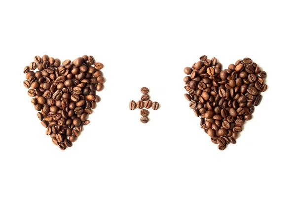 Kávová Zrna Tvaru Srdce Izolovaná Bílém Dřevěném Pozadí Jedna Jedna — Stock fotografie