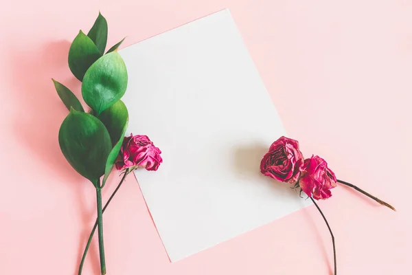 White sheet of paper on a pink background with green leaves and a dry pink rose top view mockup. Floral background for lettering with copy space.