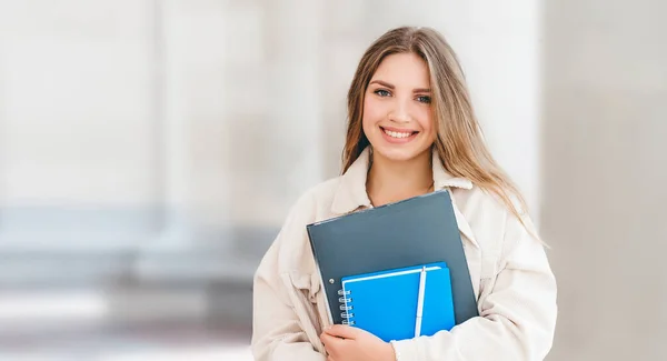 Young Blonde Ukrainian Student Girl Smiling University Cute Female Student — Stock Photo, Image