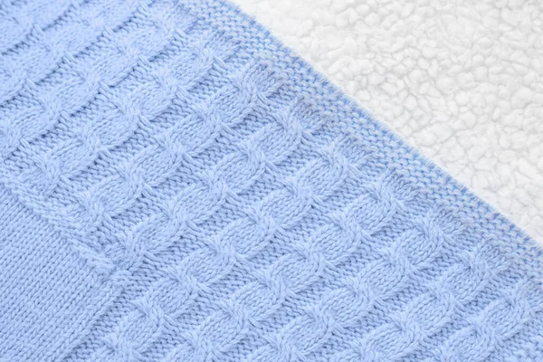Close Textured Blue Knitted Fabric White Lambswool Back Top View — Stock Photo, Image