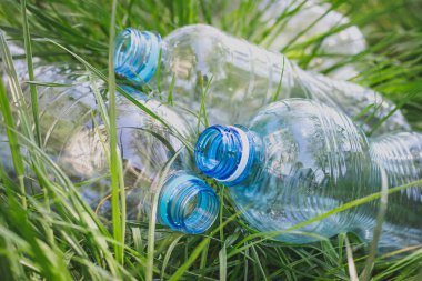 Çimlerdeki plastik şişeler, çevre kirliliği, çevresel sorunlar, plastik ekolojik sistemin tahrip edilmesi. Çöp, çöp.