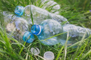 Çimlerdeki plastik şişeler, çevre kirliliği, çevresel sorunlar, plastik ekolojik sistemin tahrip edilmesi. Çöp, çöp.