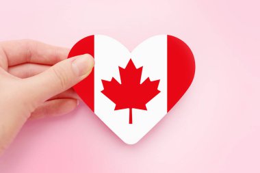 Kadın eli, Kanada 'nın kalp şeklindeki kağıt bayrağını pembe arka planda, Kanada Günü kutlamaları, kartpostallar, tebrik kartları üzerinde tutuyor.