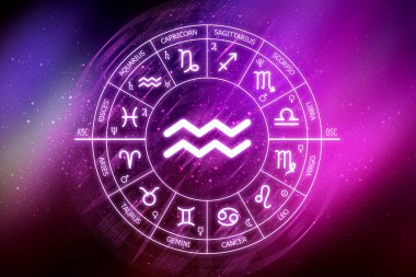 Kova burcu burcu. Mavi uzay arka planında Kova ikonu. Uzayın koyu mavi arka planında Zodiac çemberi. Astroloji. Kozmogram. Zodyak 'ın on iki işareti