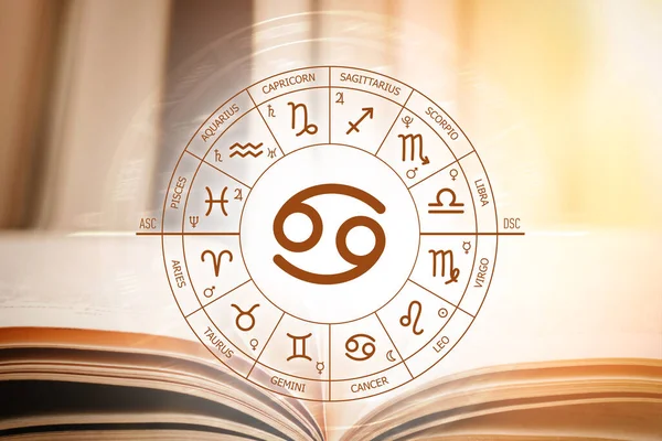 Zodiac çemberi, açık bir kitabın arka planına karşı kanser işareti. Zodiac 'ın işaretleri için astronomik tahminler. İşaret kanserinin özellikleri. Astroloji, ezoterizm, gizli bilim